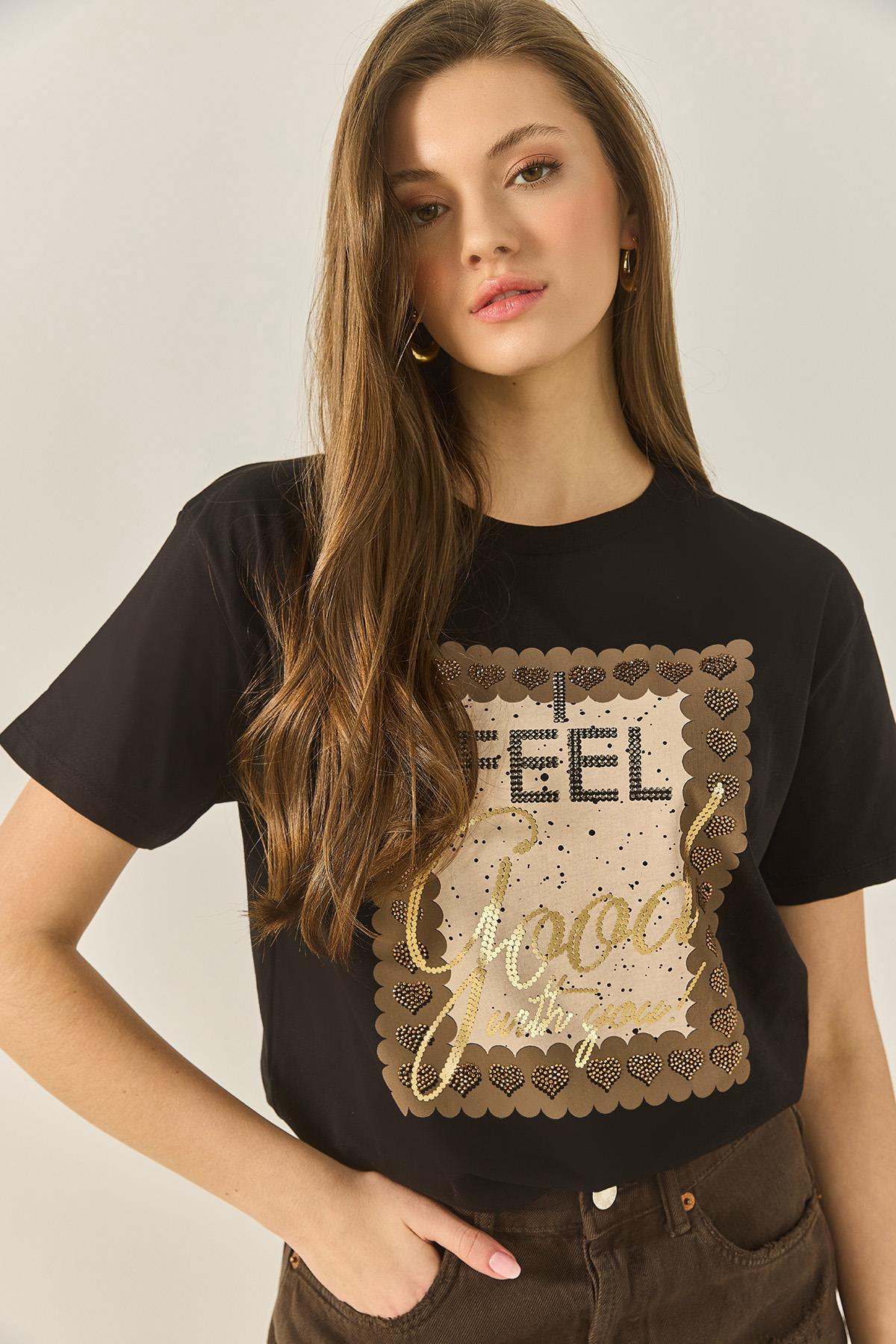 Kadın Varak Baskılı Taş Detaylı Kısa Kollu Bisiklet Yaka Pamuklu T-Shirt 60283309 - Siyah - Siyah / S