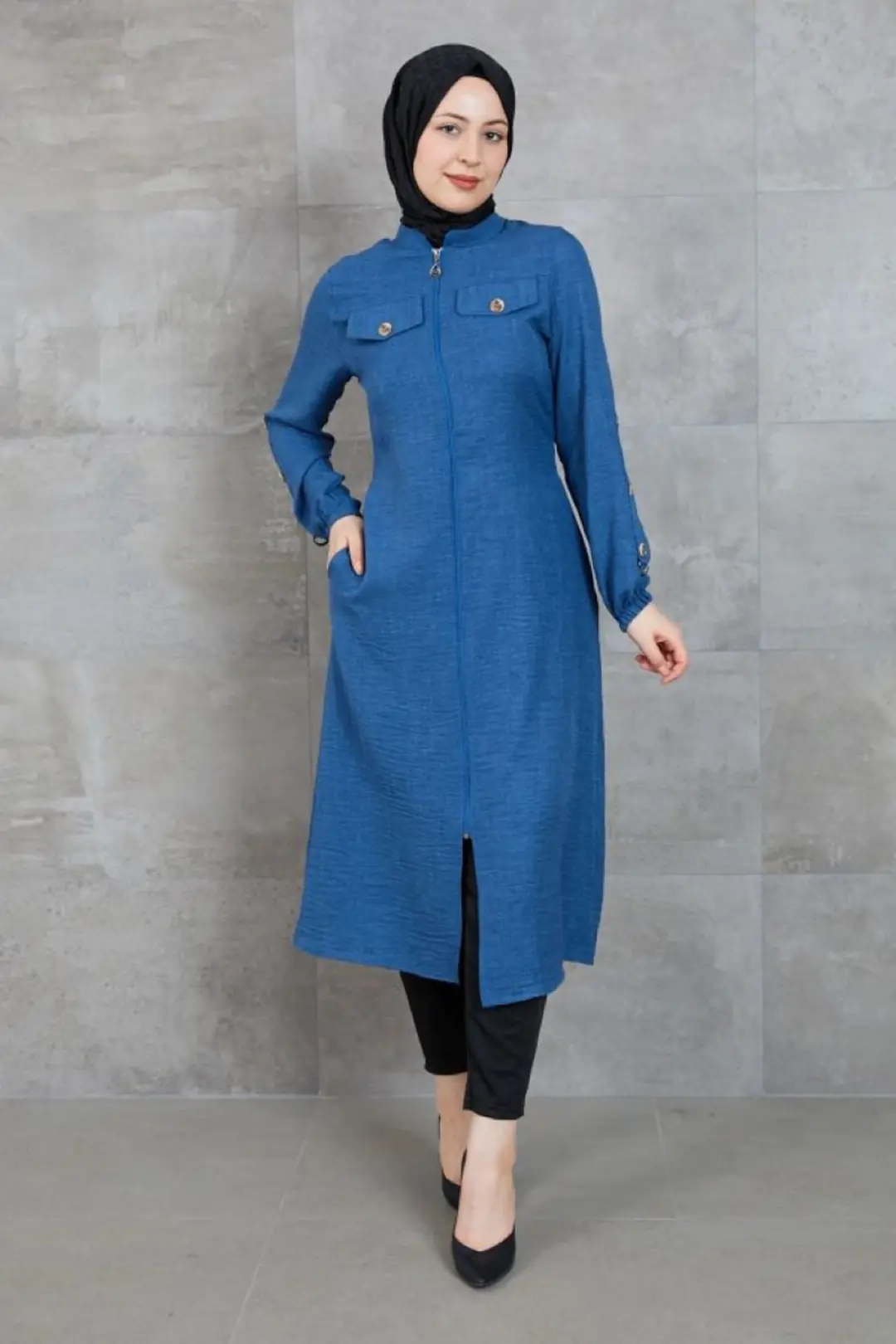 Moresun Kadın Mavi Slimfit Tunik Fermuarlı Spor Kesim Tesettür Giyim - mr2025-60