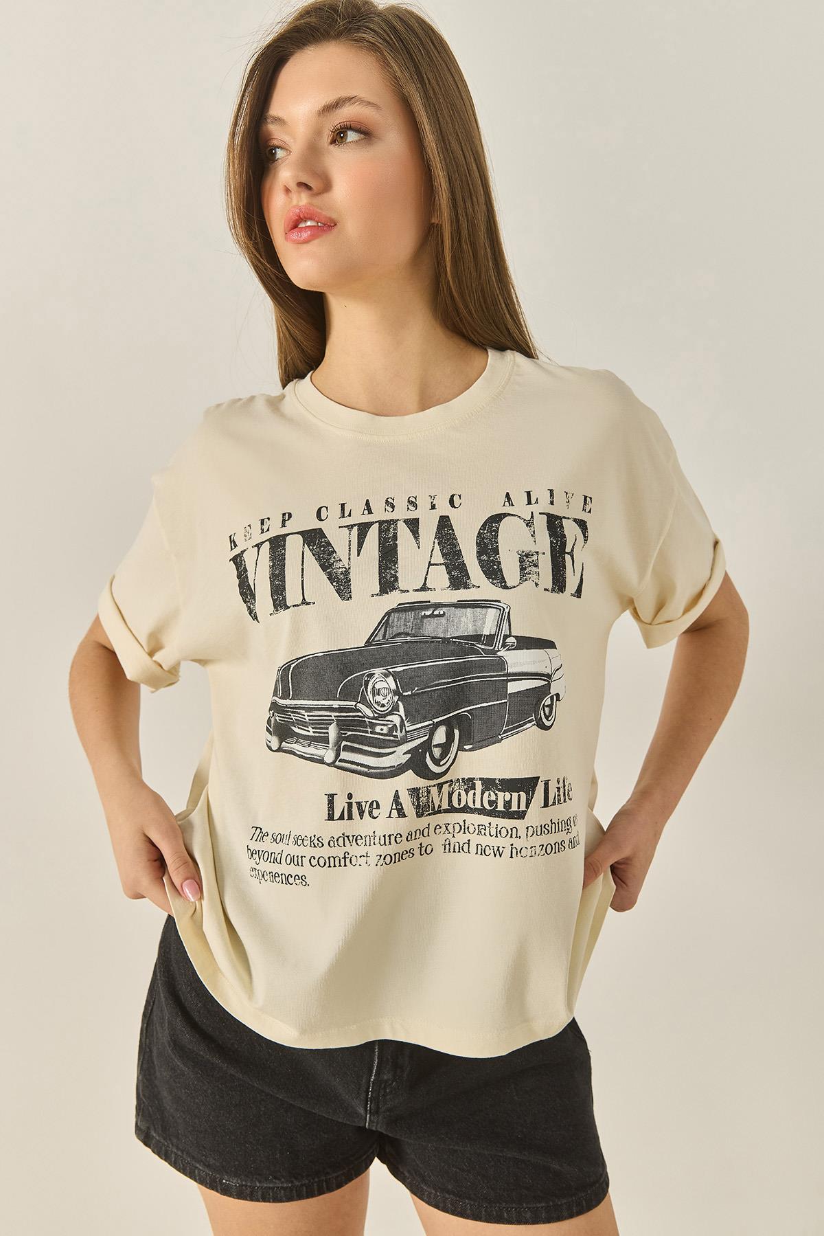 Kadın Bisiklet Yaka Kısa Kollu Vintage Baskılı Pamuklu Basic T-Shirt ÖT251061 60283313 - Bej - Bej / Tek Ebat