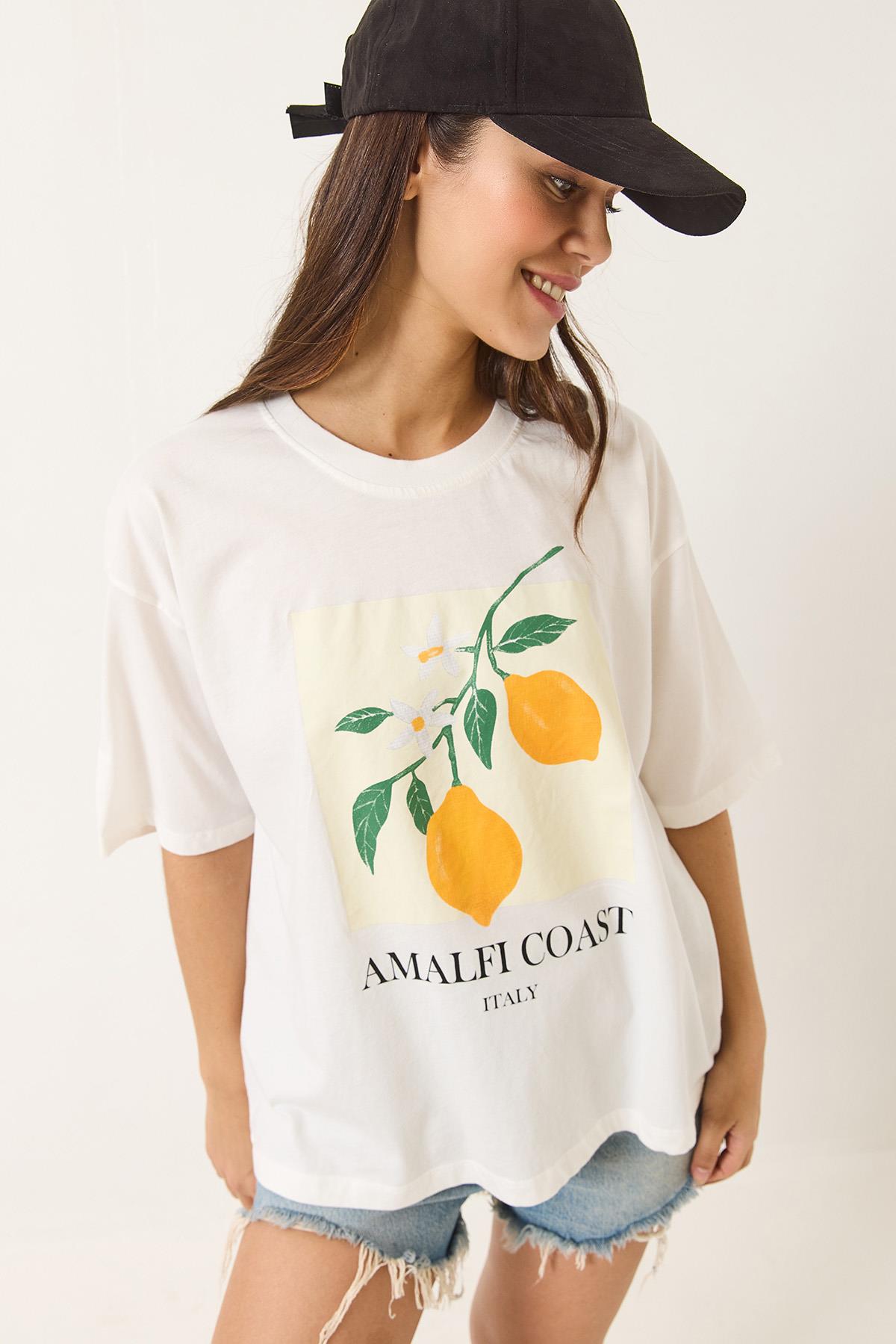 Kadın Limon Baskılı Beyaz Pamuk Penye Oversize T-Shirt 251047 60283126 - Beyaz - Beyaz / Tek Ebat