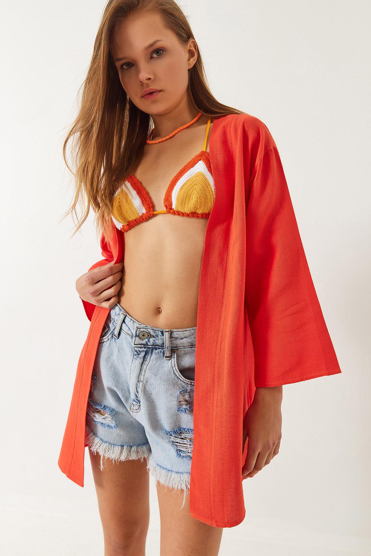 Kadın Keten Dokulu Kısa Basic Kimono 60261496 - Orange - Orange / S