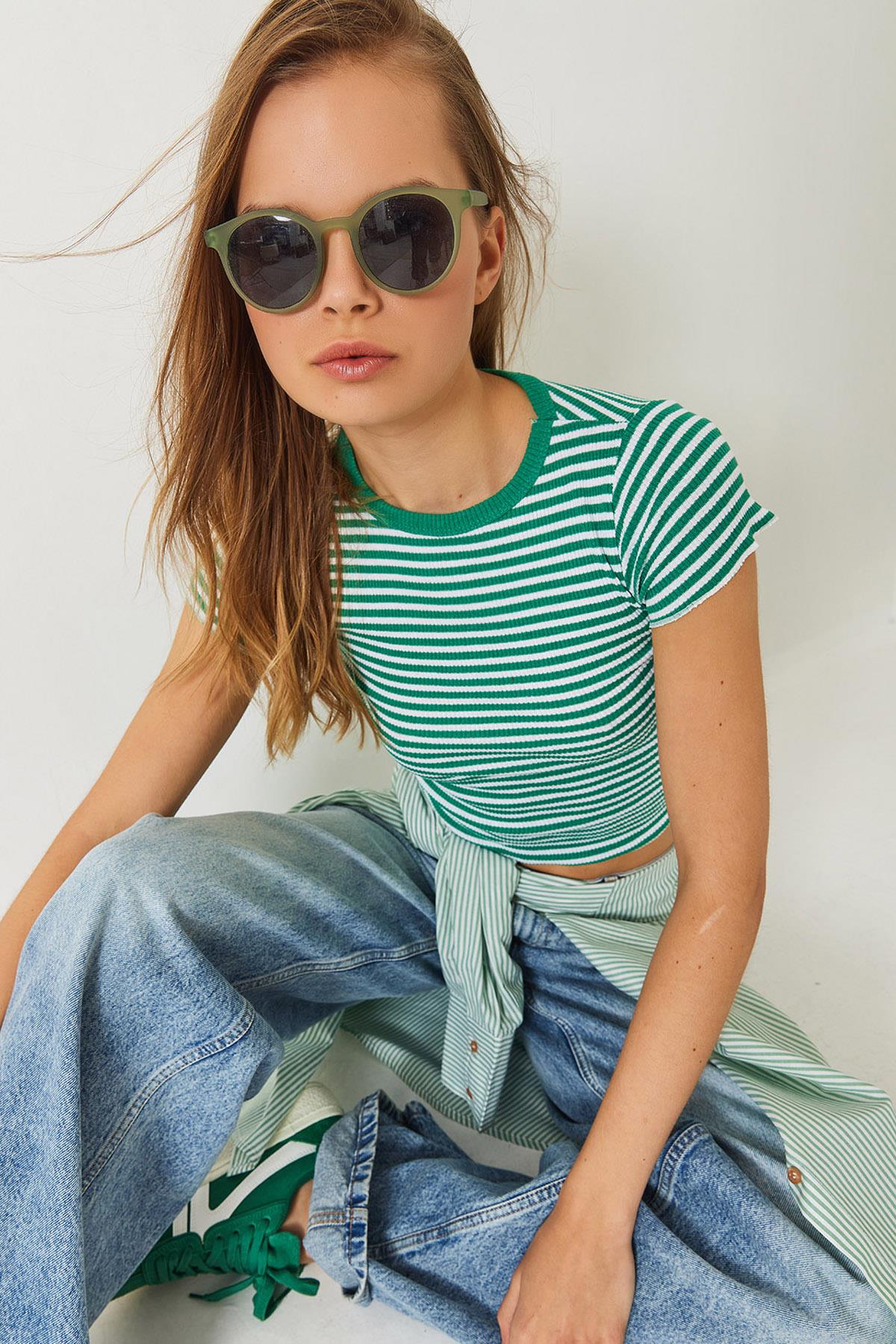 Kadın Çizgili Fitilli Kaşkorse Basic T-Shirt 60261475 - Yeşil-Beyaz - Yeşil-Beyaz / M