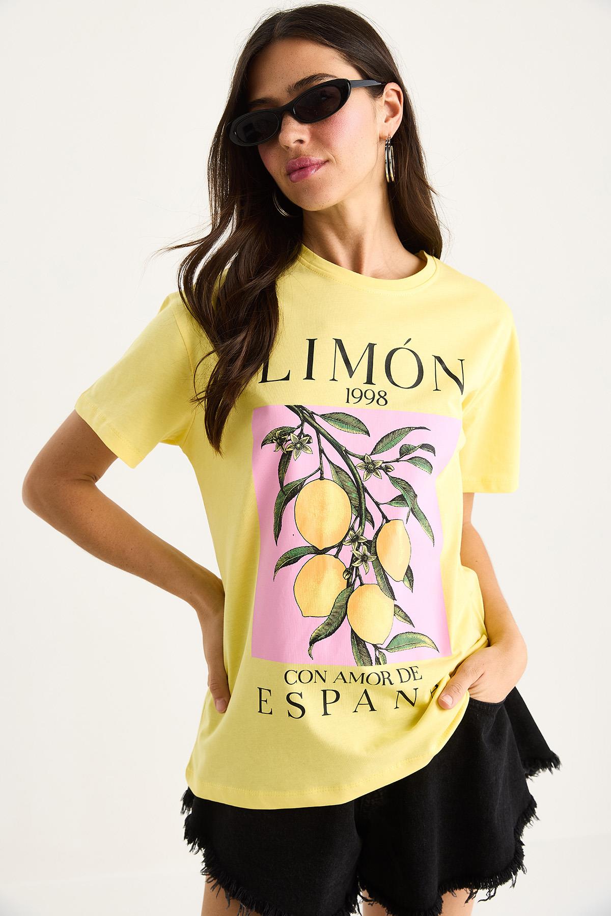 Kadın Limon Baskılı Bisiklet Yaka %100 Pamuklu T-Shirt 6701 60283452 - Limon Sarısı - Limon Sarısı / L