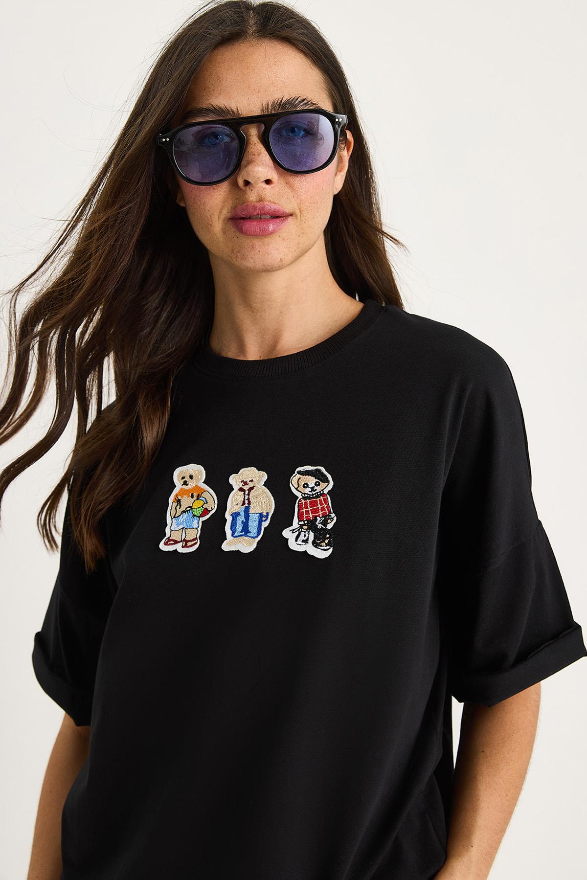 Kadın Teddy Nakışlı Bisiklet Yaka Pamuklu T-Shirt 60602064 - Siyah - Siyah / M