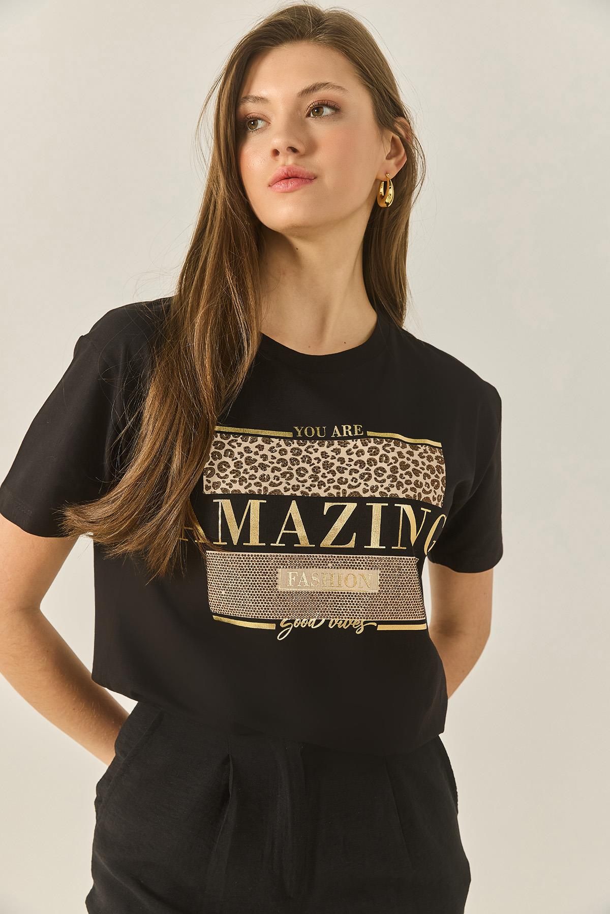 Kadın Baskılı Taş Detaylı Normal Kalıp Pamuklu T-Shirt 8136 60283302 - Siyah - Siyah / S