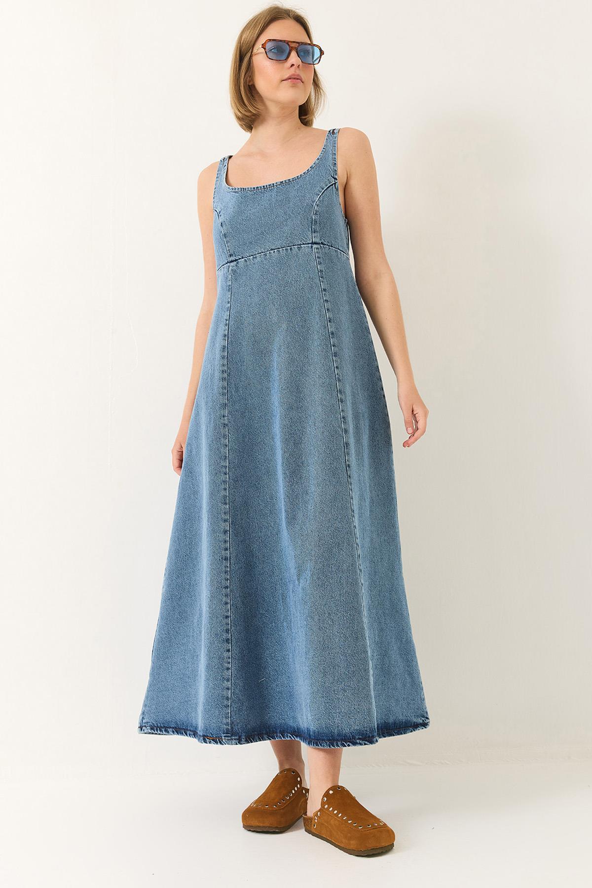 Kadın Geniş Yaka Askılı Kloş Denim Elbise 6069 60281038 - Buz Mavisi - Buz Mavisi / 40