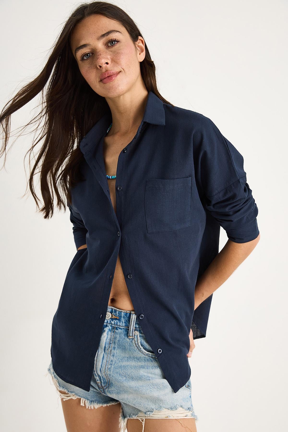 Kadın Tek Cepli Oversize Keten Gömlek 25626 60284054 - Lacivert - Lacivert / M