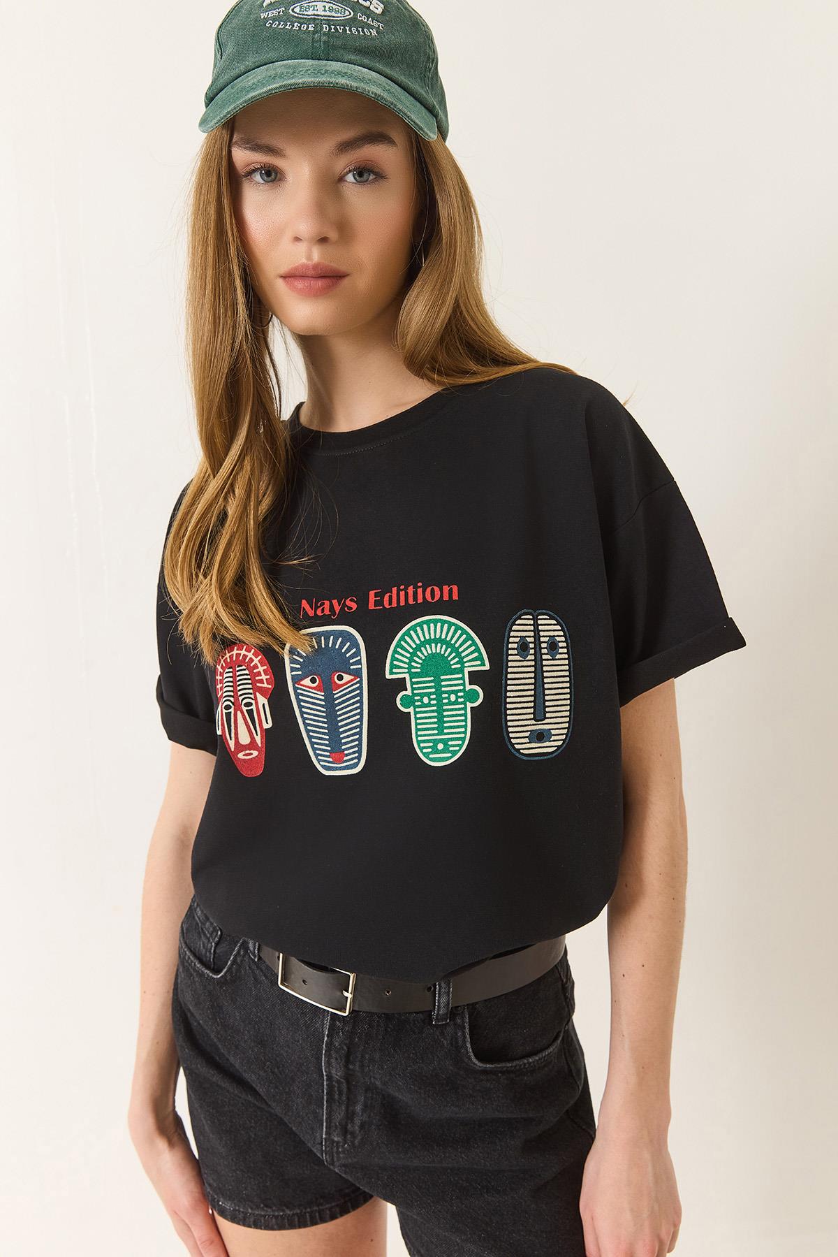 Kadın Baskılı Oversize Kısa Kollu Basic T-Shirt 60284034 - Siyah - Siyah / M