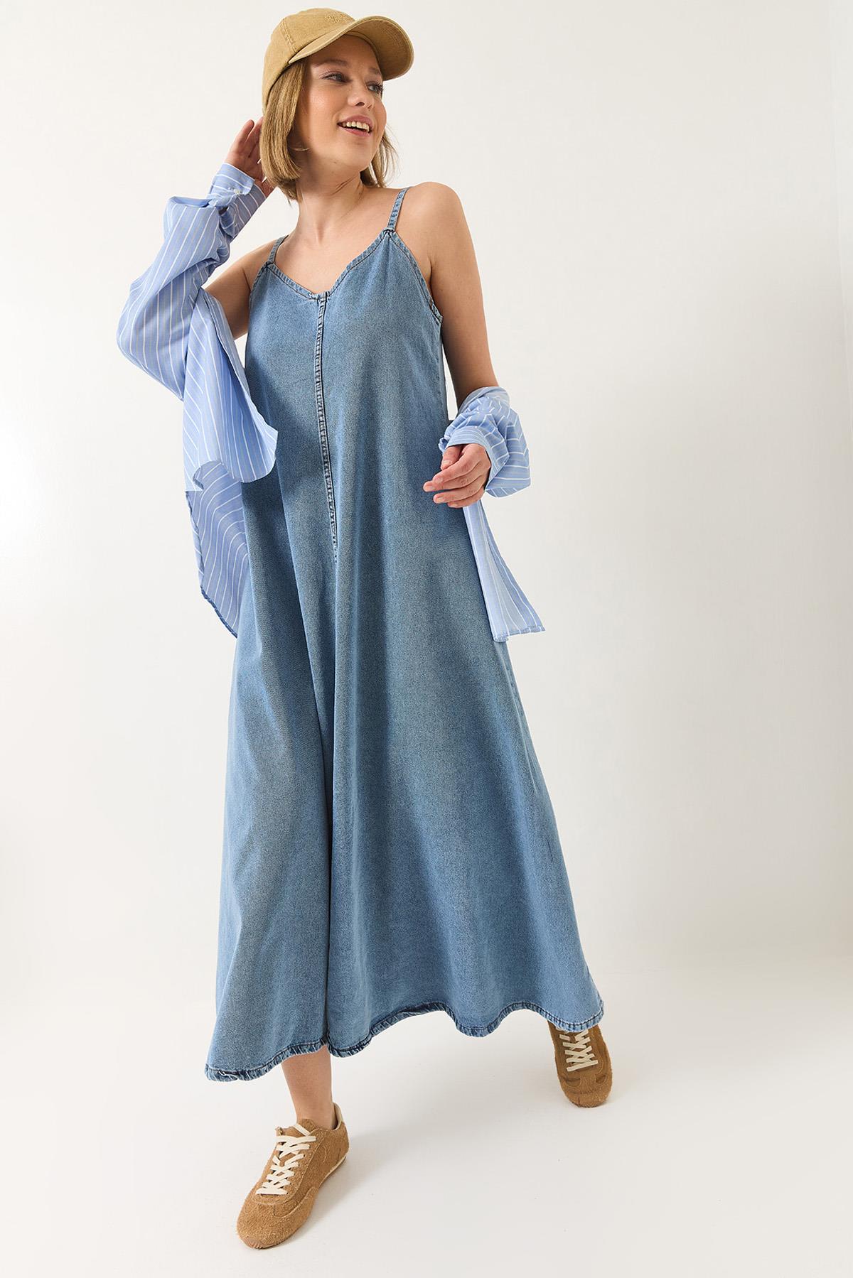 Kadın İnce Askılı Uzun Denim Elbise 6058 60281039 - Buz Mavisi - Buz Mavisi / 38