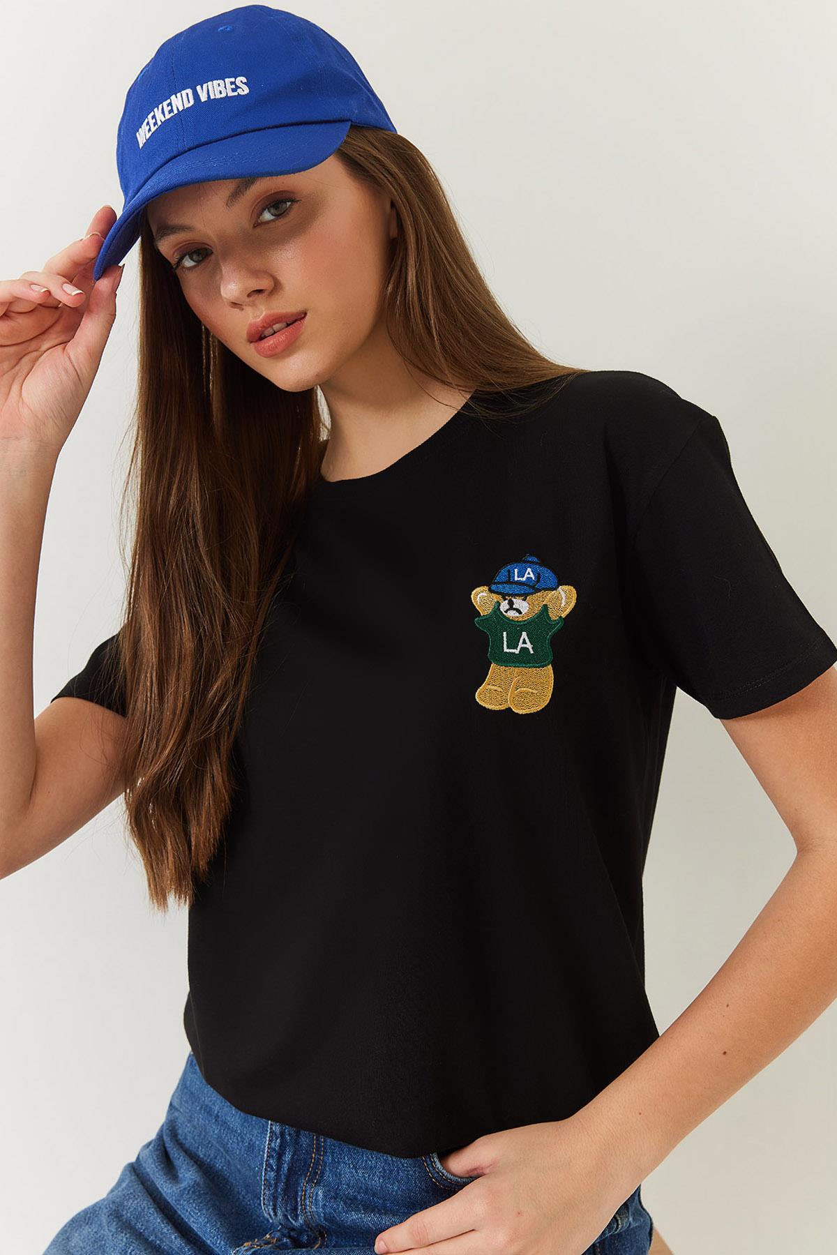 Kadın Ayıcık Baskılı Tshirt 60602007 - Siyah - Siyah / L