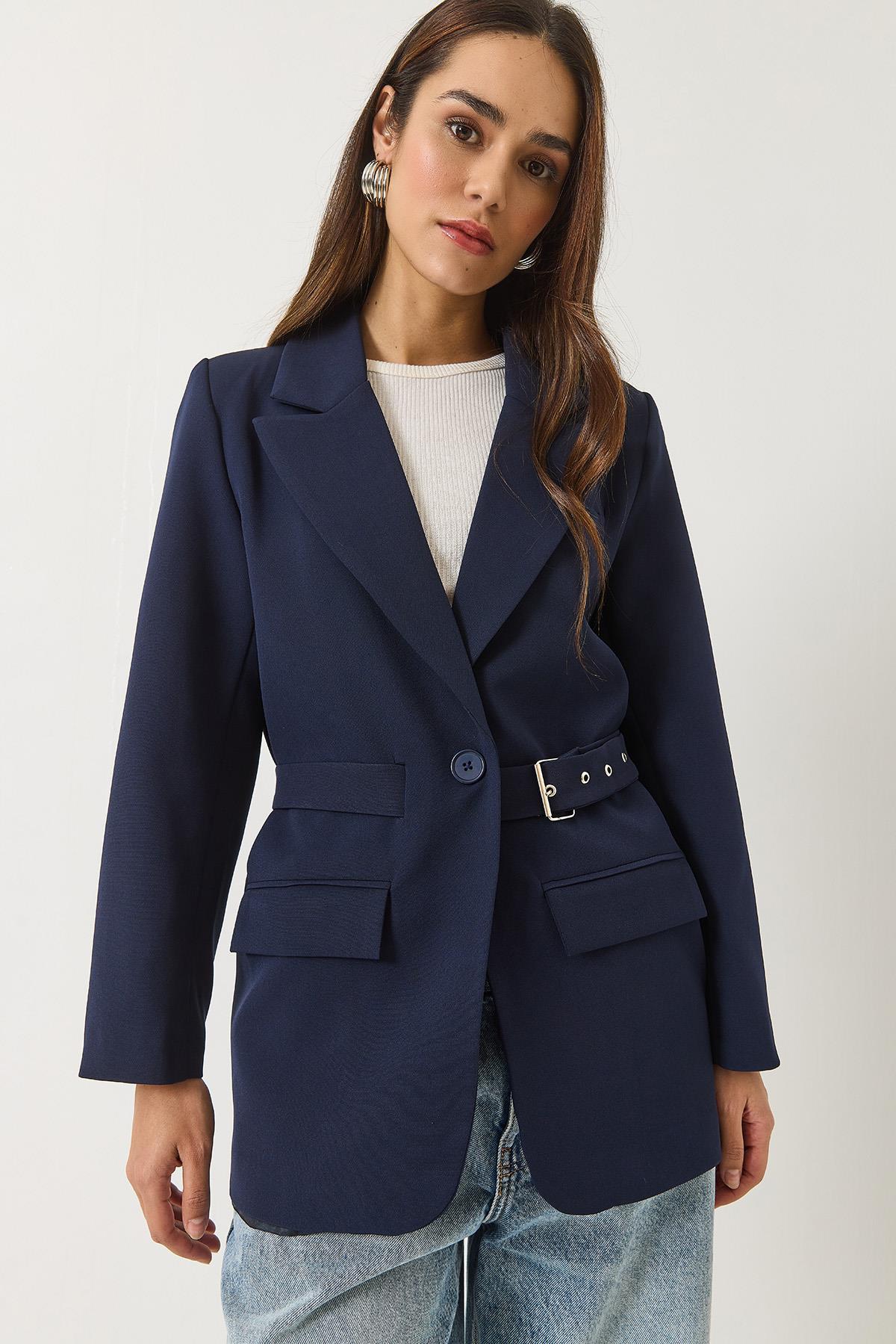 Kadın Kemer Detaylı Astarlı Blazer Ceket 8132 60283134 - Lacivert - Lacivert / 38