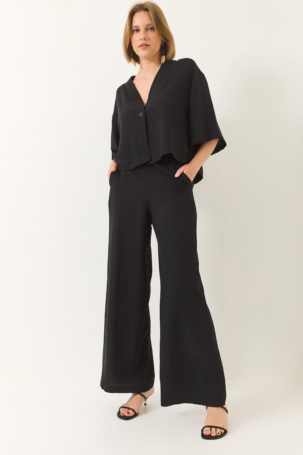 Kadın V Yaka Yarasa Kol Keten Kimono Palazzo Pantolonlu Alt-Üst Takım 9295 60281019 - Siyah - Siyah / 38