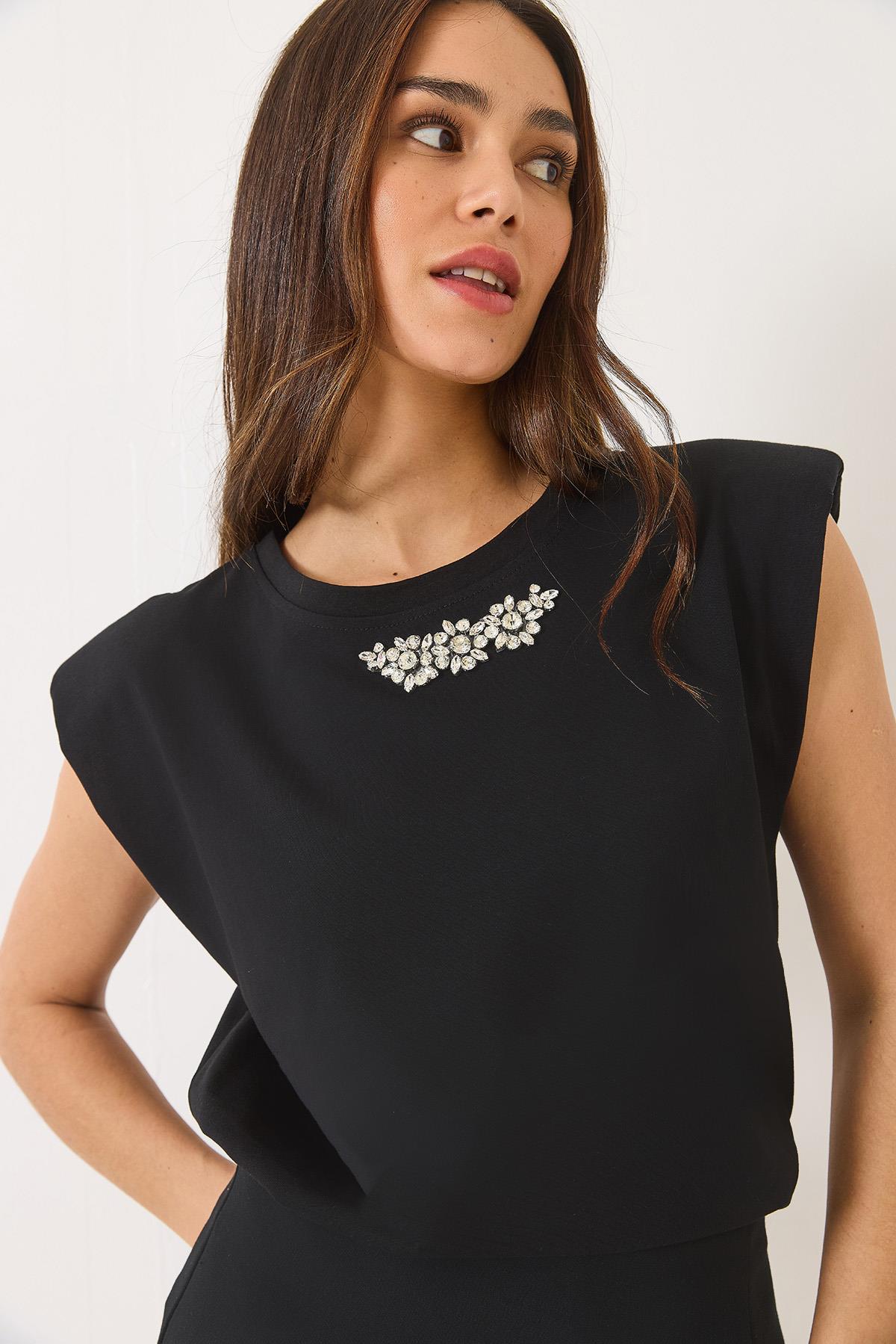 Kadın Taş Detaylı Vatkalı Kolsuz T-Shirt 3059 60283041 - Siyah - Siyah / M
